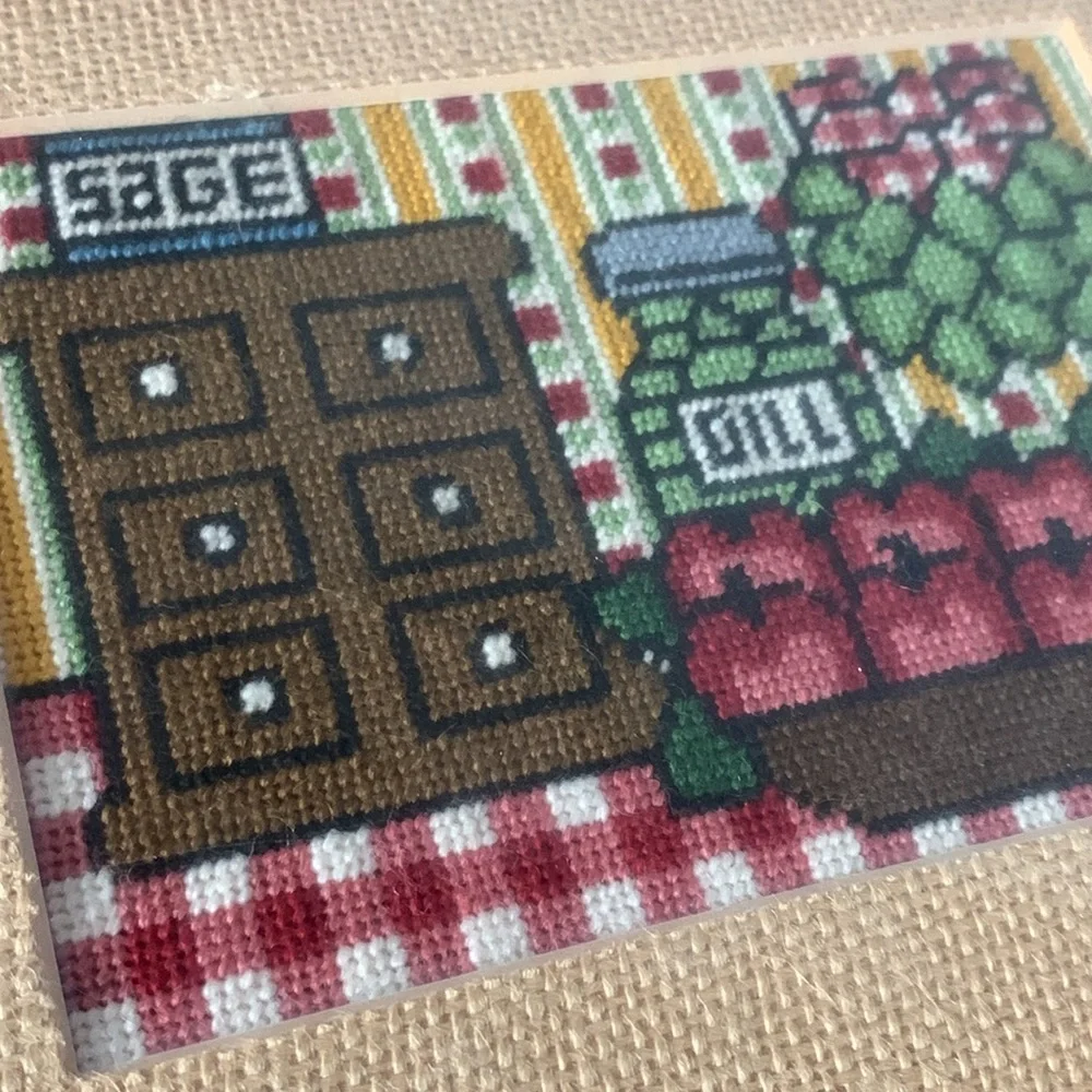 Handmade from 1981 needlepoint cross-stitch framed kitchen decor sage basil 9x11